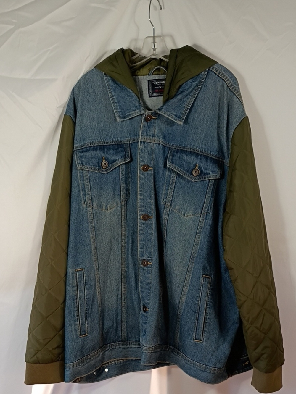 EUC Company Eighty One Denim Jacket with Olive Quilted Sleeves and Hood Size 4XL